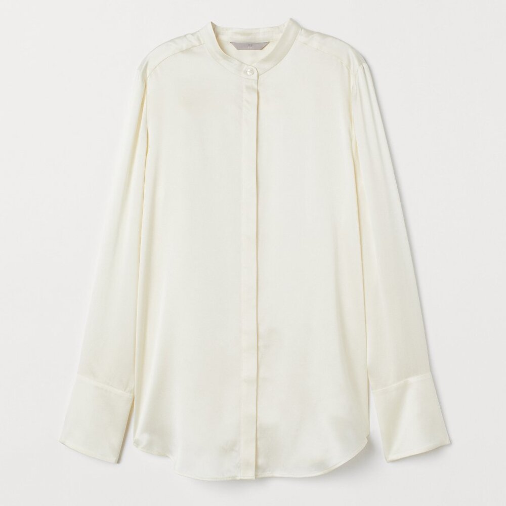 New H&M Pure Silk Stand-up Collar Blouse, Cream, Size 16